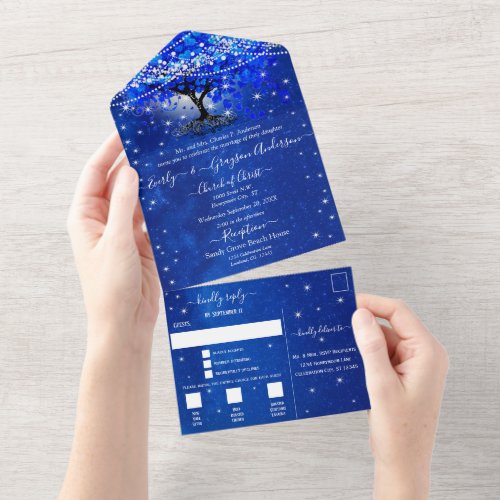 Elegant Royal Blue Heart Leaf Tree Wedding All In One Invitation