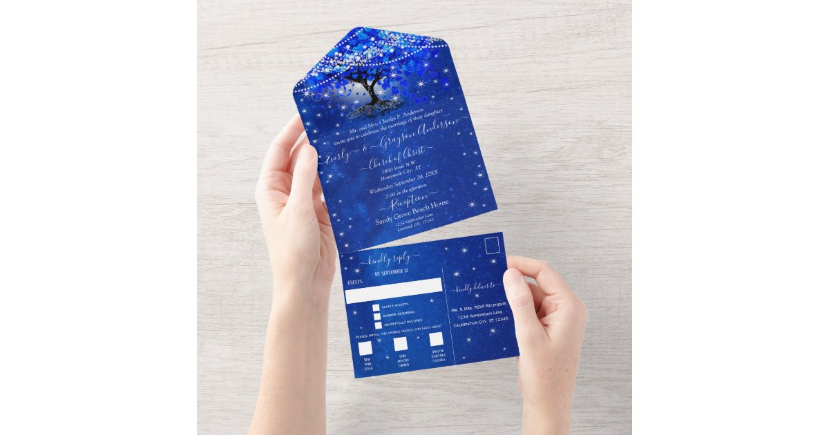 Elegant Royal Blue Heart Leaf Tree Wedding All In One Invitation | Zazzle