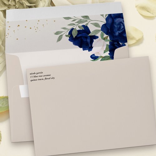 Elegant Royal Blue Ivory Roses Floral Addressed Envelope