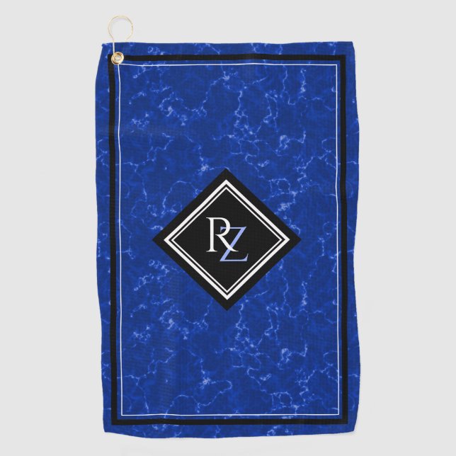 Elegant Royal Blue Marble Black Diamond Monogram Golf Towel (Front)