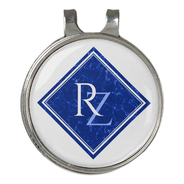 Elegant Royal Blue Marble Diamond Monogram Golf Hat Clip (Front)