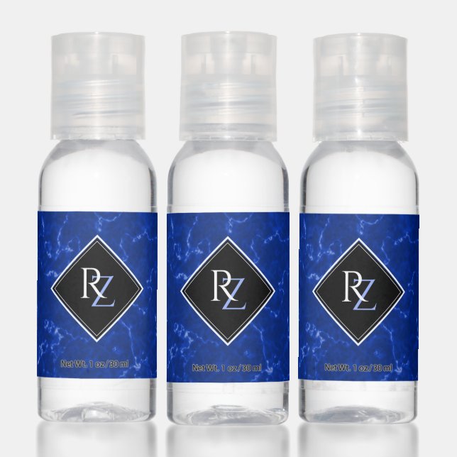 Elegant Royal Blue Marble Diamond Monogram Hand Sanitizer (Set)