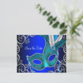Elegant Royal Blue Masquerade Save The Date Announcement Postcard (Standing Front)