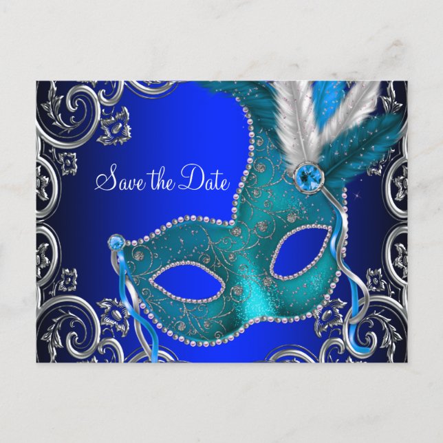 Elegant Royal Blue Masquerade Save The Date Announcement Postcard (Front)