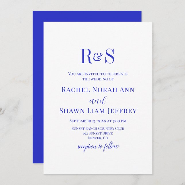 Elegant Royal Blue Modern Monogram Wedding Invitation (Front/Back)
