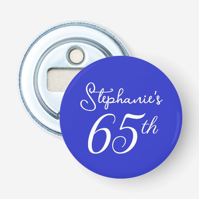 Elegant Royal Blue Monogram 65th Birthday Party Bottle Opener (Front)