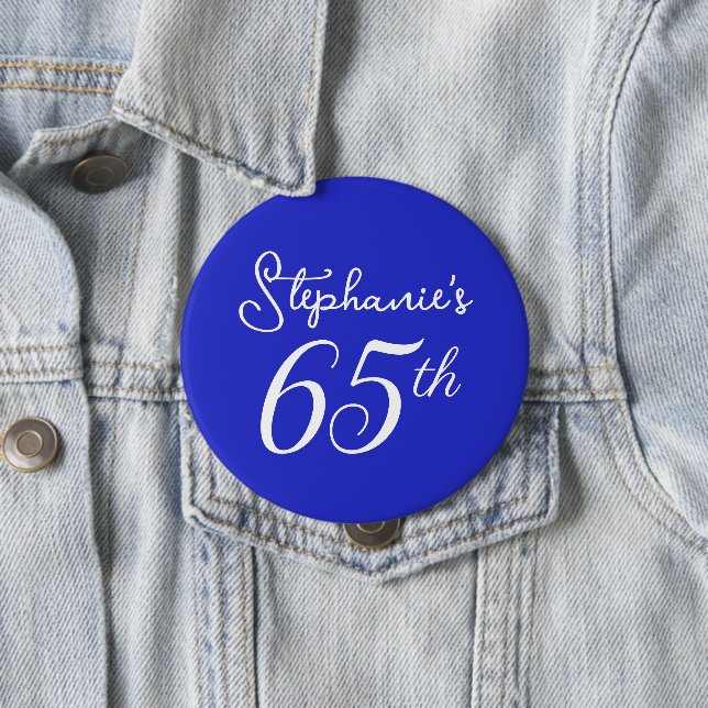 Elegant Royal Blue Monogram 65th Birthday Party Button (In Situ)