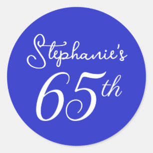 Elegant Royal Blue Monogram 65th Birthday Party Classic Round Sticker