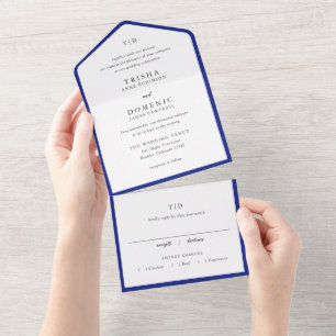 Elegant Royal Blue Monogram Modern Wedding All In One Invitation