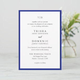 Elegant Royal Blue Monogram Modern Wedding Invitation