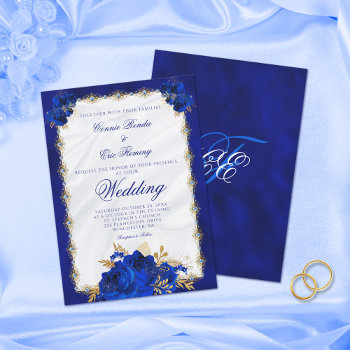 Elegant Royal Blue Monogram Roses Formal Wedding Invitation by CreativeHorizon at Zazzle
