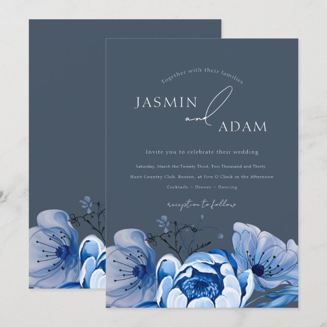 Elegant Royal Blue Opulence Floral Roses Wedding  Invitation (Front/Back)