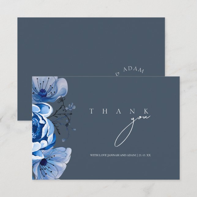 Elegant Royal Blue Opulence Floral Roses Wedding Thank You Card (Front/Back)
