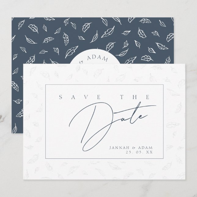 Elegant Royal Blue Opulence Leaves Photo Wedding Save The Date (Front/Back)