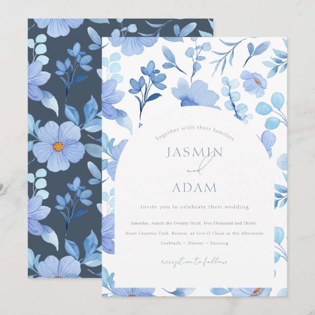 Elegant Royal Blue Opulence Wildflowers Wedding  Invitation (Front/Back)