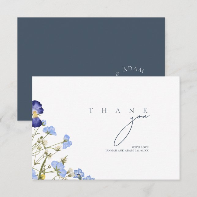 Elegant Royal Blue Opulence Wildflowers Wedding Thank You Card (Front/Back)