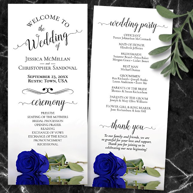 Elegant Royal Blue or Cobalt Rose Romantic Wedding Program (Front and Back)