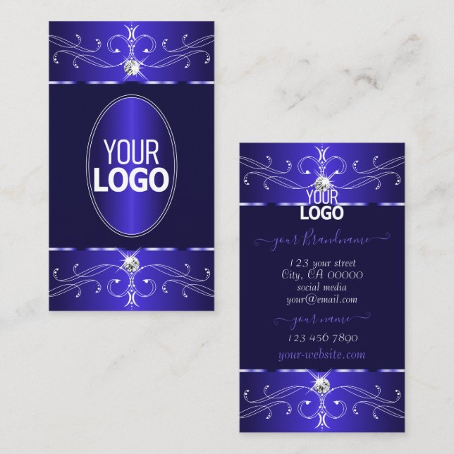 Elegant Royal Blue Ornate Ornaments with Logo Chic Business Card (Front/Back)