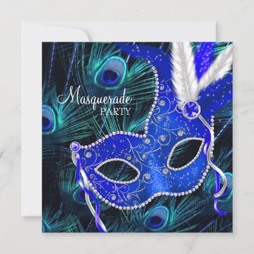 Elegant Royal Blue Peacock Masquerade Party Invitation