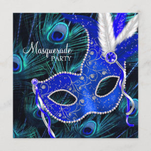 Elegant Royal Blue Peacock Masquerade Party Invitation