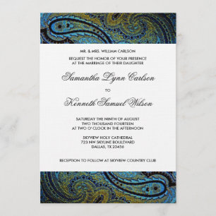 Elegant Royal Blue Peacock Paisley Wedding Invitation