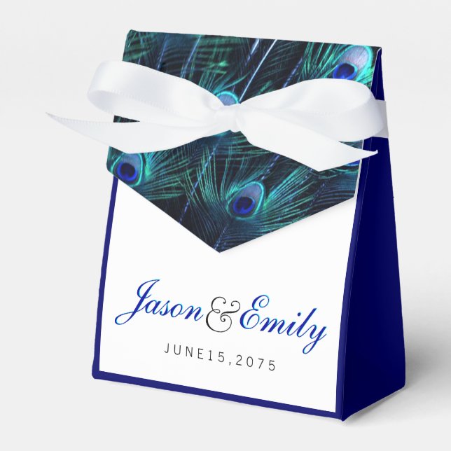 Elegant Royal Blue Peacock Wedding Favor Boxes (Front Side)