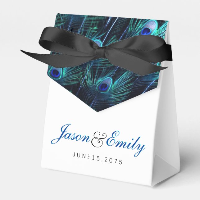Elegant Royal Blue Peacock Wedding Favor Boxes (Front Side)