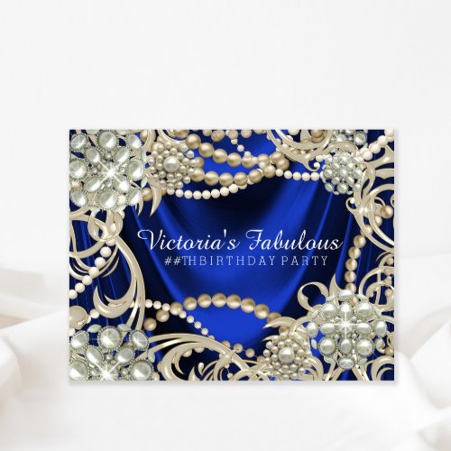 Elegant Royal Blue Pearl Birthday Party Invitation