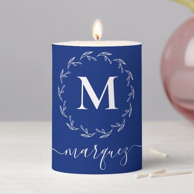 Elegant Royal Blue Personalized Wreath Monogram Pillar Candle (In Situ)