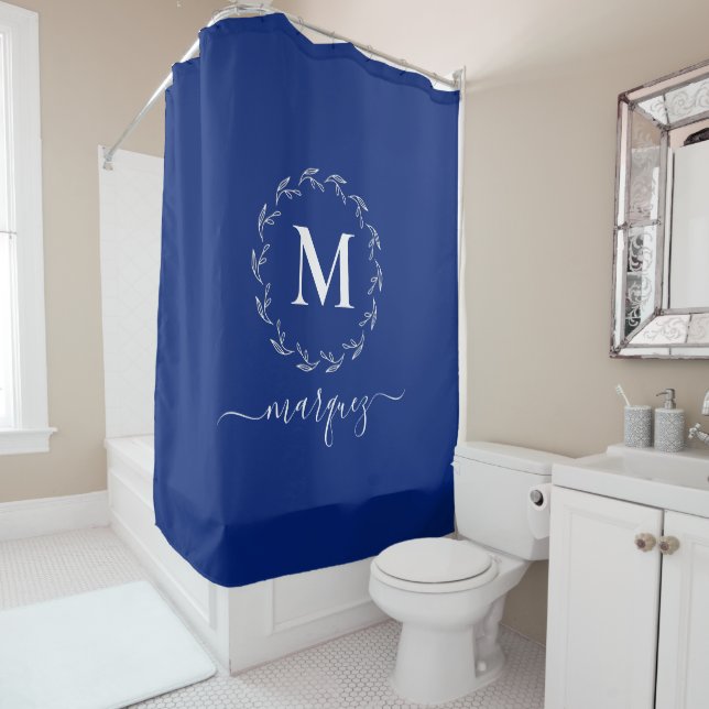 Elegant Royal Blue Personalized Wreath Monogram Shower Curtain (In Situ)