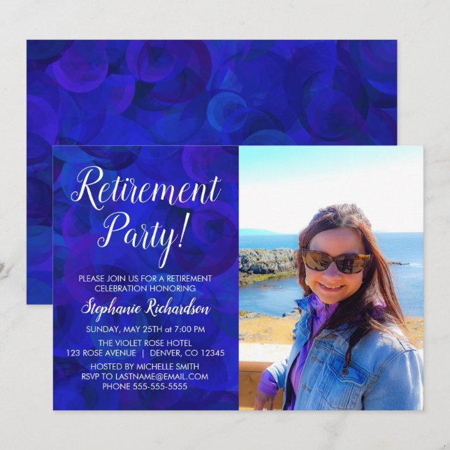 Elegant Royal Blue Photo Retirement Party Invitation (Front/Back)