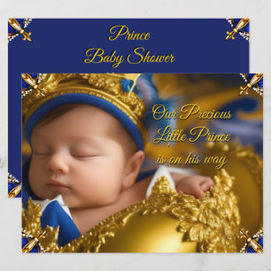 Elegant Royal Blue Prince Boy Baby Shower Gold Invitation