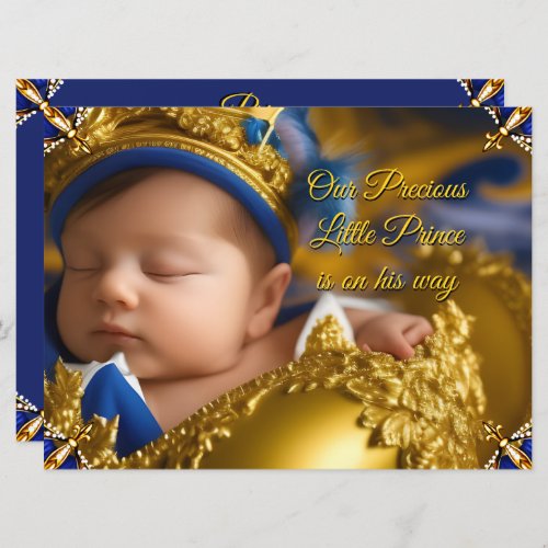 Elegant Royal Blue Prince Boy Baby Shower Gold Invitation