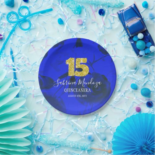 Elegant Royal Blue Quinceanera Gold Glitter 15 Paper Plates