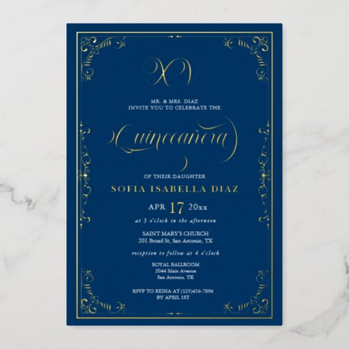 Elegant Royal Blue Quinceaera Gold or Silver Foil Invitation