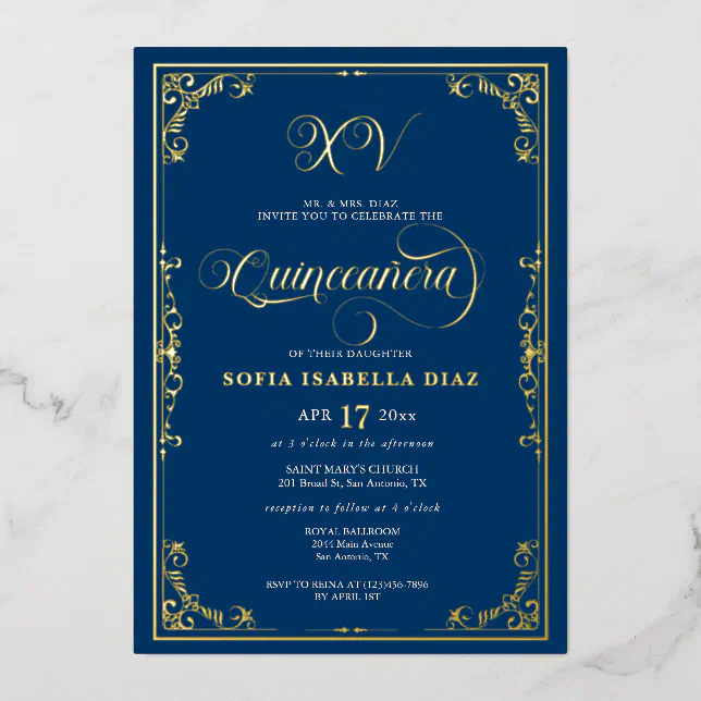 Elegant Royal Blue Quinceañera Gold or Silver Foil Invitation Zazzle
