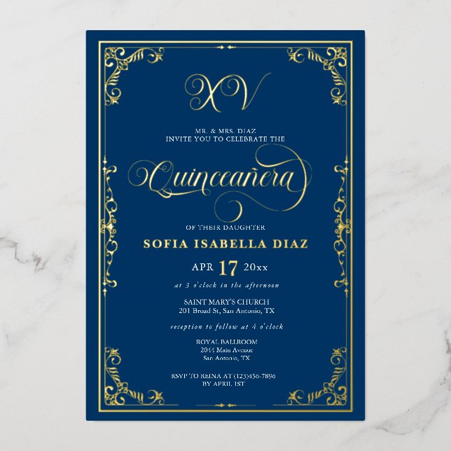 Elegant Royal Blue Quinceañera Gold or Silver Foil Invitation (Front)