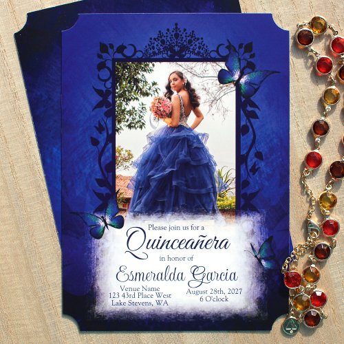 Elegant Royal Blue Quinceanera Ornate Photo Frame Invitation