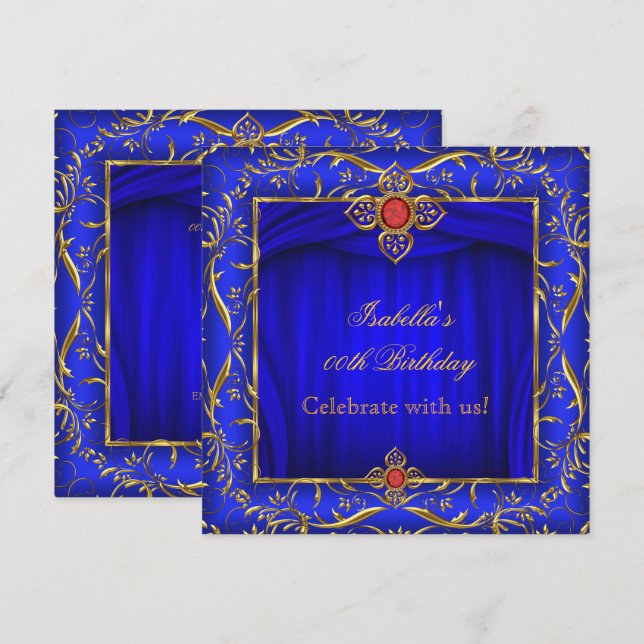 Elegant Royal Blue Red Gold Birthday Party Invitation (Front/Back)