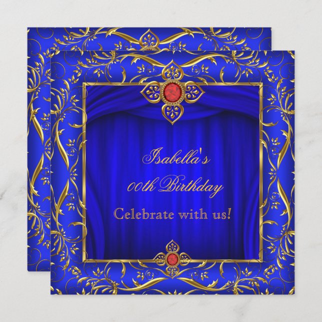 Elegant Royal Blue Red Gold Birthday Party Invitation (Front/Back)