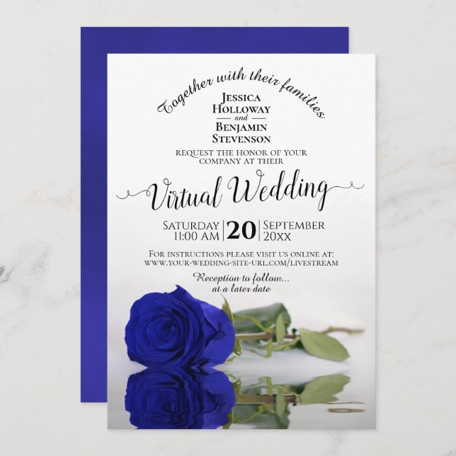 Elegant Royal Blue Reflecting Rose Virtual Wedding Invitation (Front/Back)