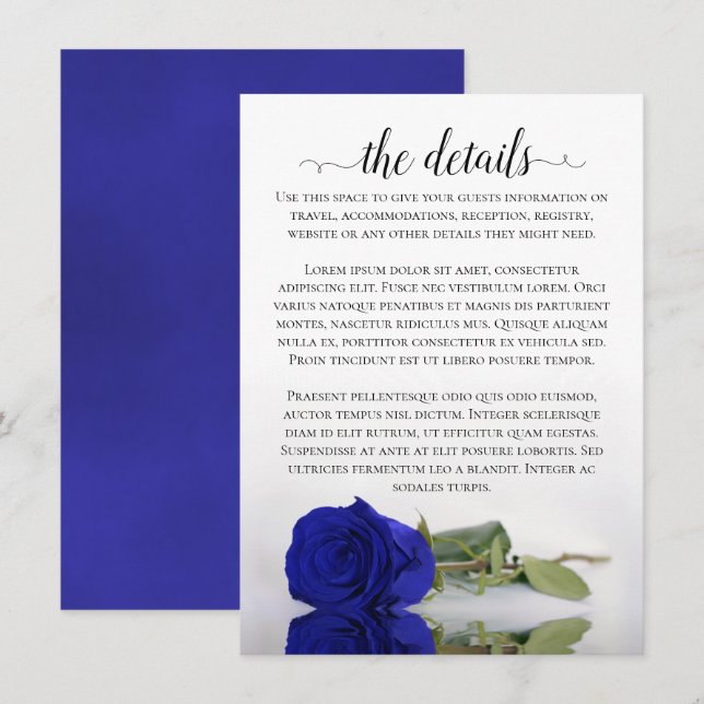 Elegant Royal Blue Reflecting Rose Wedding Details Enclosure Card (Front/Back)