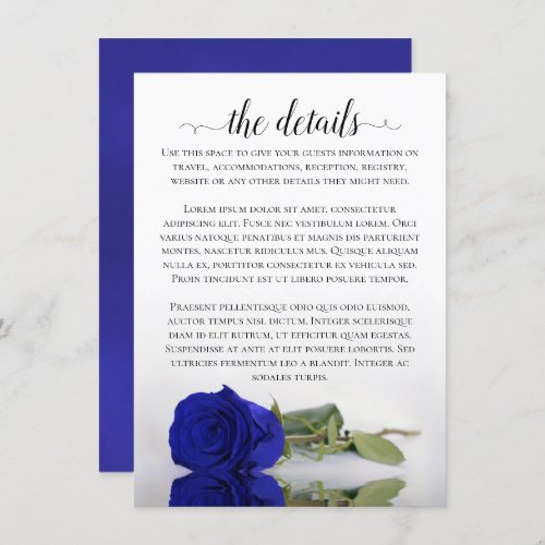 Elegant Royal Blue Reflecting Rose Wedding Details Enclosure Card