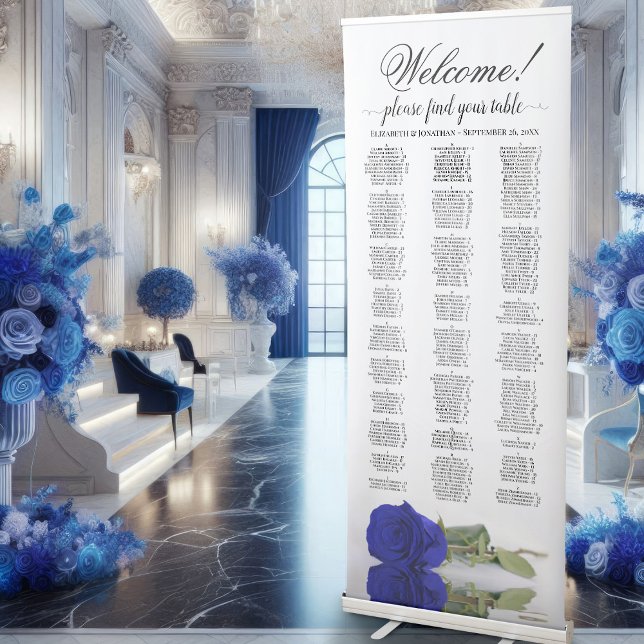 Elegant Royal Blue Rose Alphabetical Seating Chart Retractable Banner (Creator Uploaded)