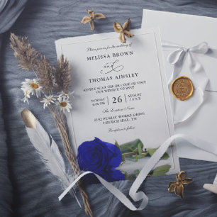 Elegant Royal Blue Rose Budget QR Code Wedding Invitation