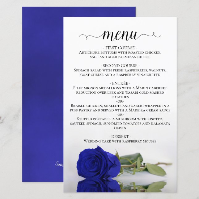 Elegant Royal Blue Rose Budget Wedding Menu (Front/Back)
