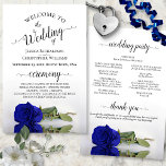 Elegant Royal Blue Rose Budget Wedding Program<br><div class="desc">These wedding programs are elegant and tasteful, while still being budget friendly. The design features a single long-stemmed royal blue or cobalt colored rose lying on its side, reflecting in a pool of water with waves and ripples. The typography features lacy black script calligraphy, and there is room for details...</div>