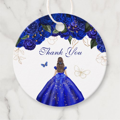 Elegant Royal Blue Rose Butterfly Thank You Quince Favor Tags