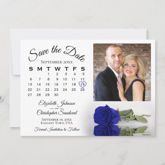 Elegant Royal Blue Rose Calendar & Photo Wedding Save The Date (Front)