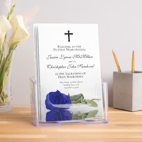 Elegant Royal Blue Rose Catholic Wedding Program Brochure
